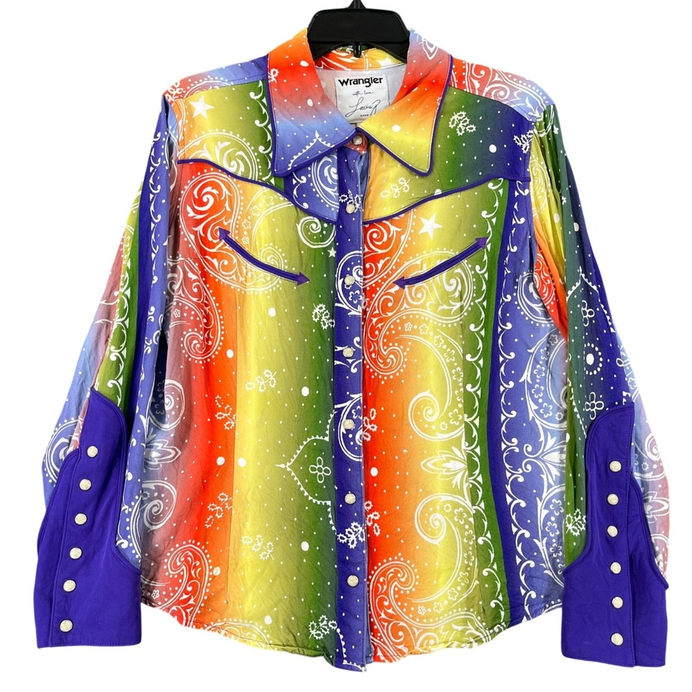 Wrangler Lainey Wilson Western Shirt Womens L Rainbow Paisley Pearl Snaps
